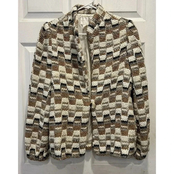 Donnkenny Jacket Women’s 12 Gray Beige Wool Blend Boucle Lined DK Gold - Picture 1 of 11